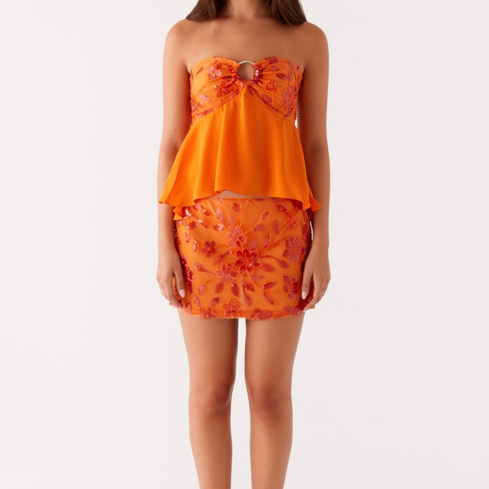 Orange Strapless Top and Mini Skirt with Embroidered Floral Details